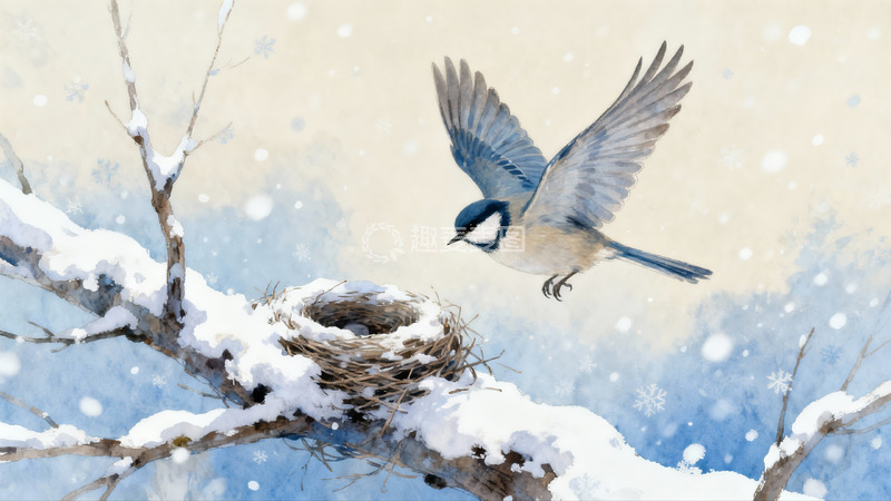 高清大图下载【趣麦麦图】雪中飞鸟与巢穴