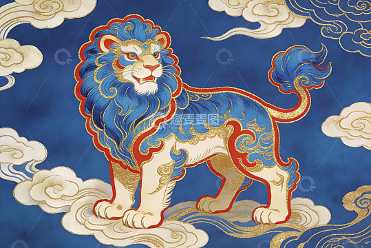 蓝色祥云中的华丽瑞兽图案