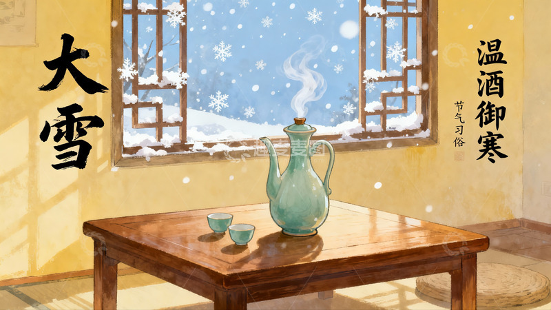 高清大图下载【趣麦麦图】窗前暖茶雪景图