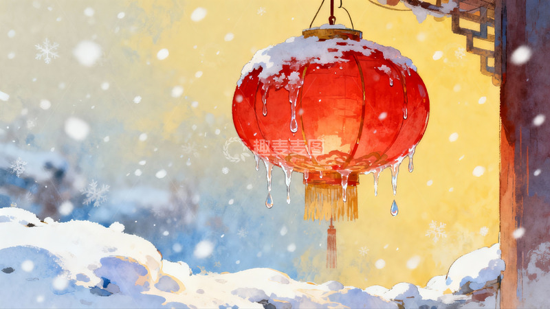 高清大图下载【趣麦麦图】雪中红灯笼挂檐下