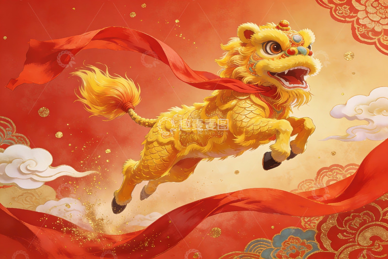 高清大图下载【趣麦麦图】金色舞狮腾空飞跃祥云之上