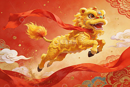 金色舞狮腾空飞跃祥云之上