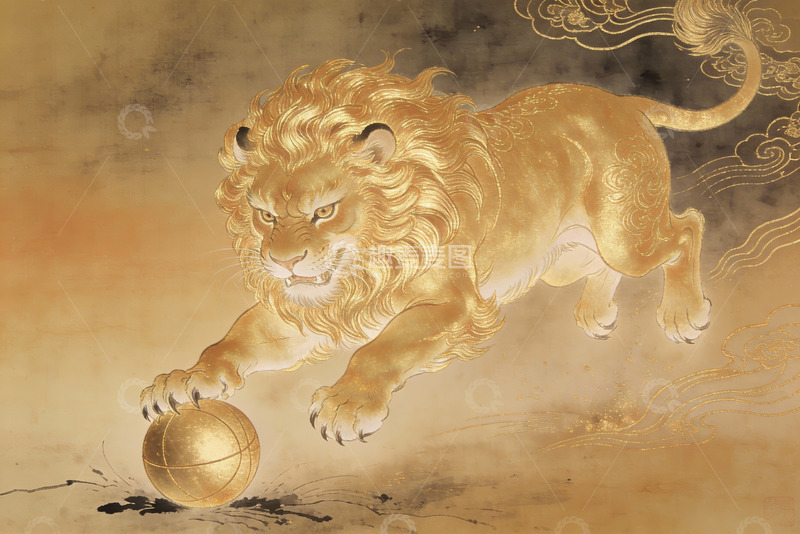 高清大图下载【趣麦麦图】金色狮子踩球图腾画