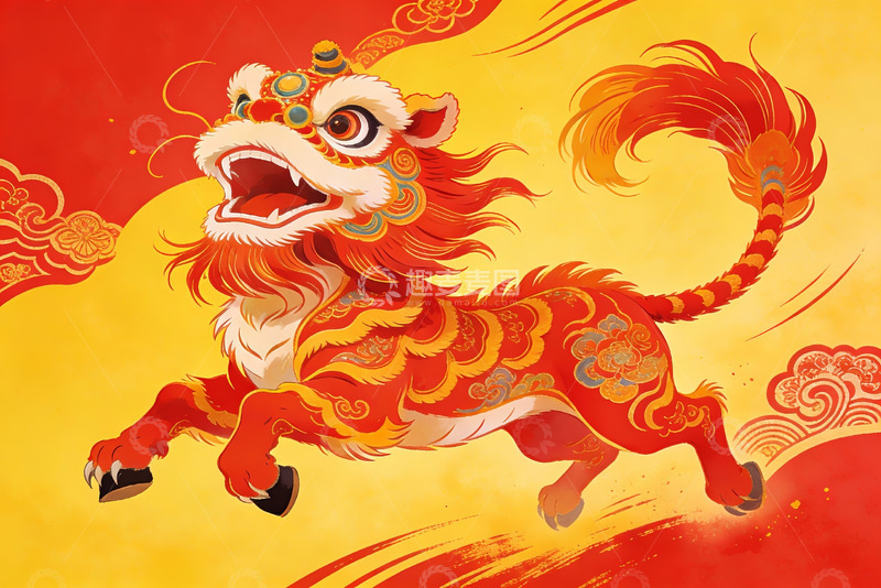 高清大图下载【趣麦麦图】红色舞狮图案充满节日喜庆