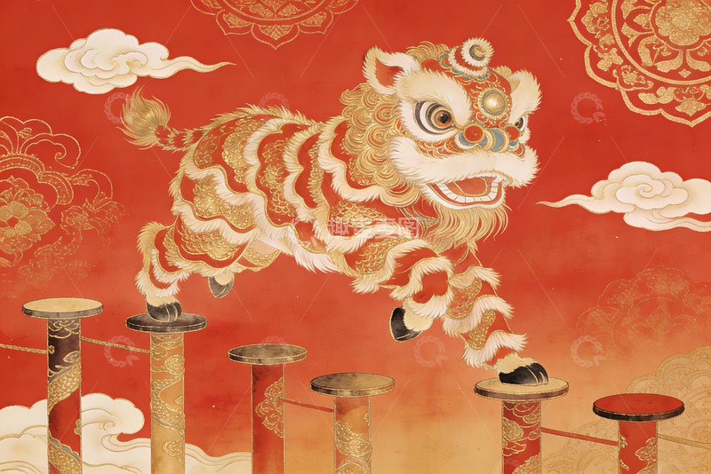 高清大图下载【趣麦麦图】红色背景上的舞狮图案
