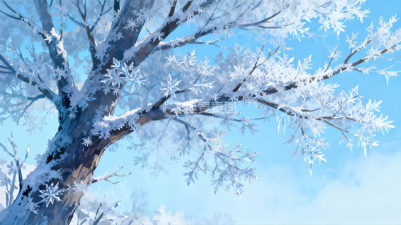 高清大图下载【趣麦麦图】雪覆树枝蓝天映衬冬日美景