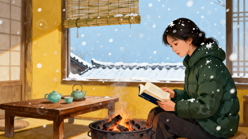 高清大图下载【趣麦麦图】雪夜室内女子阅读取暖