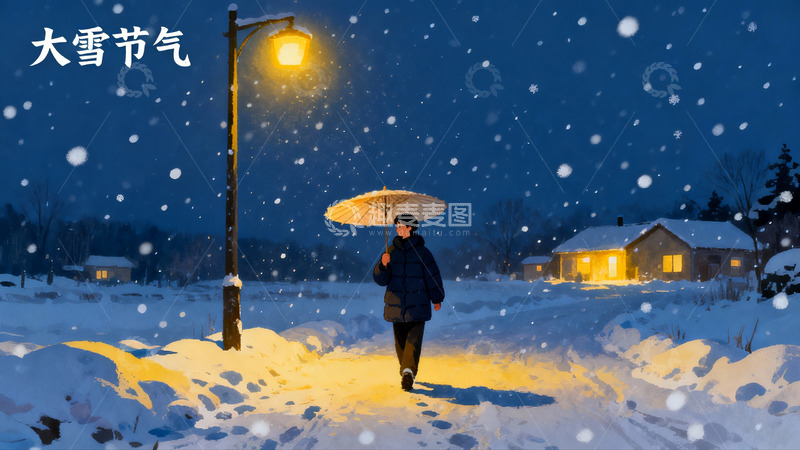 高清大图下载【趣麦麦图】雪夜行人撑伞漫步