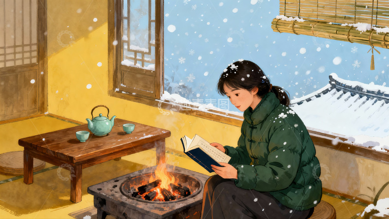 高清大图下载【趣麦麦图】雪夜室内读书静景
