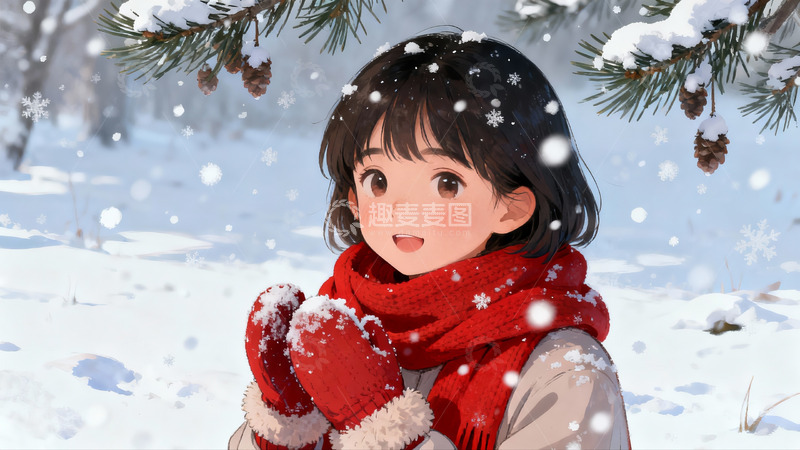 高清大图下载【趣麦麦图】雪中女孩红围巾可爱场景