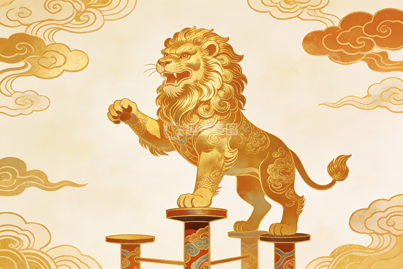 高清大图下载【趣麦麦图】金色祥狮立柱云端图案