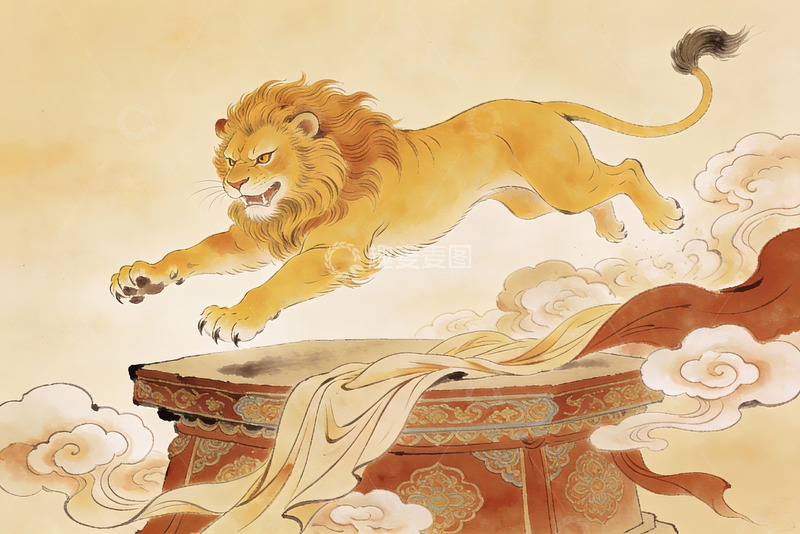 高清大图下载【趣麦麦图】古风狮子跃鼓云间图