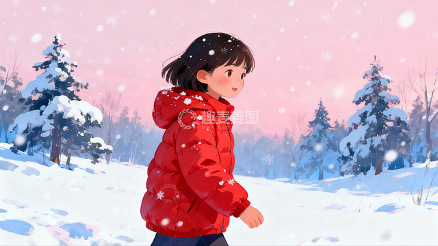 红衣女孩雪中漫步