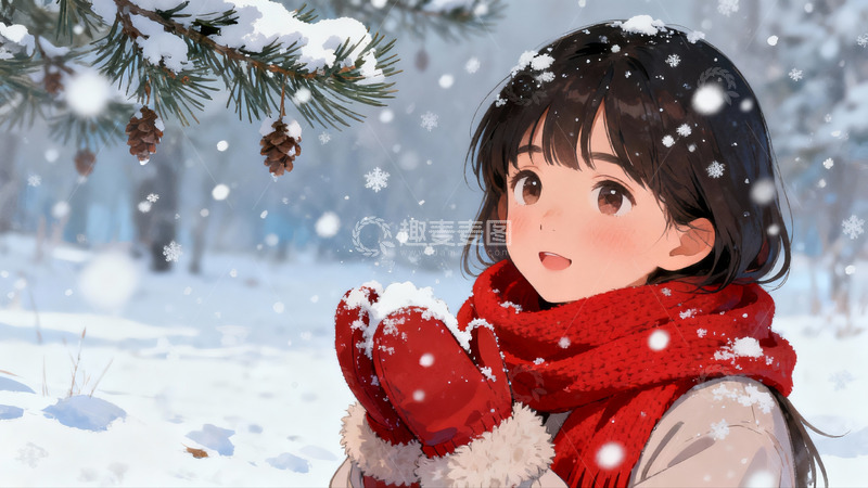 高清大图下载【趣麦麦图】雪中女孩冬日温馨场景