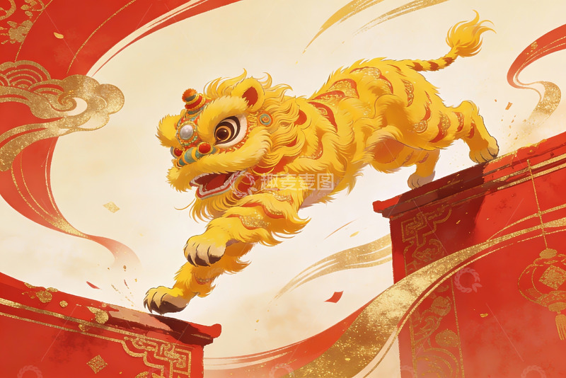 高清大图下载【趣麦麦图】金色舞狮跃上红色建筑
