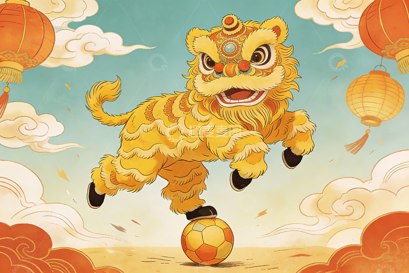 高清大图下载【趣麦麦图】舞狮踩球迎新春