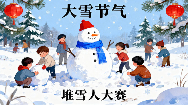 儿童雪地堆雪人欢乐场景
