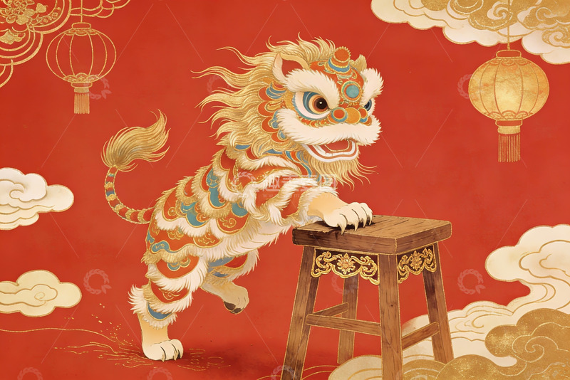 高清大图下载【趣麦麦图】舞狮图案红底祥云灯笼