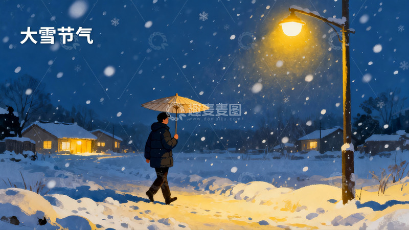 高清大图下载【趣麦麦图】雪夜行人撑伞漫步