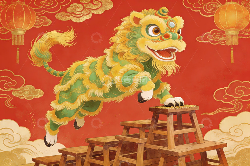 高清大图下载【趣麦麦图】舞狮表演跃上凳子庆祝节日