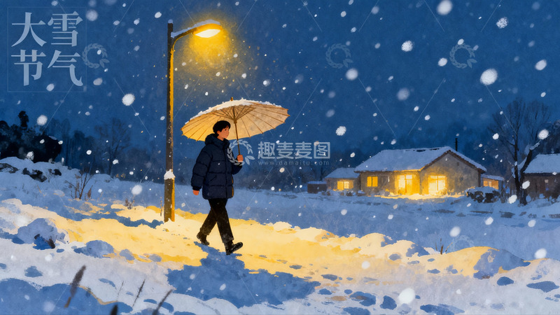高清大图下载【趣麦麦图】雪夜行人撑伞漫步