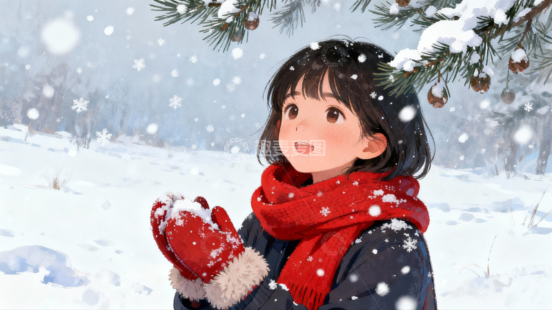 高清大图下载【趣麦麦图】雪中女孩欢笑冬日美景
