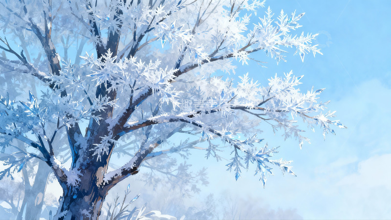 高清大图下载【趣麦麦图】雪覆树枝蓝天映衬冬日美景