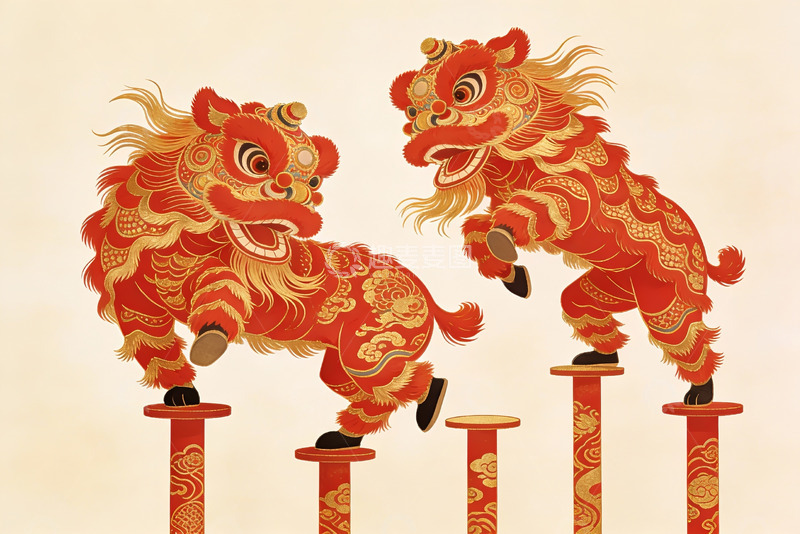 高清大图下载【趣麦麦图】红色舞狮踩高桩艺术插画