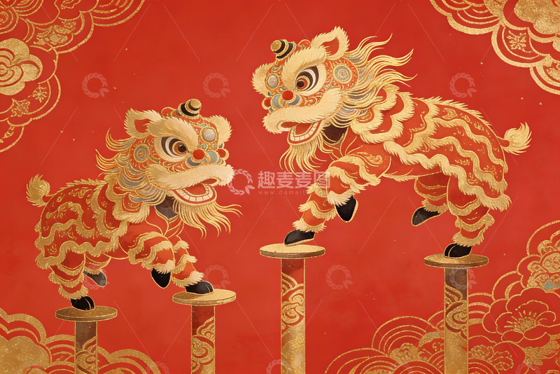 高清大图下载【趣麦麦图】红色背景上的舞狮图案