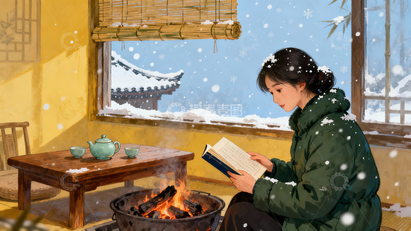 高清大图下载【趣麦麦图】雪夜室内读书女子
