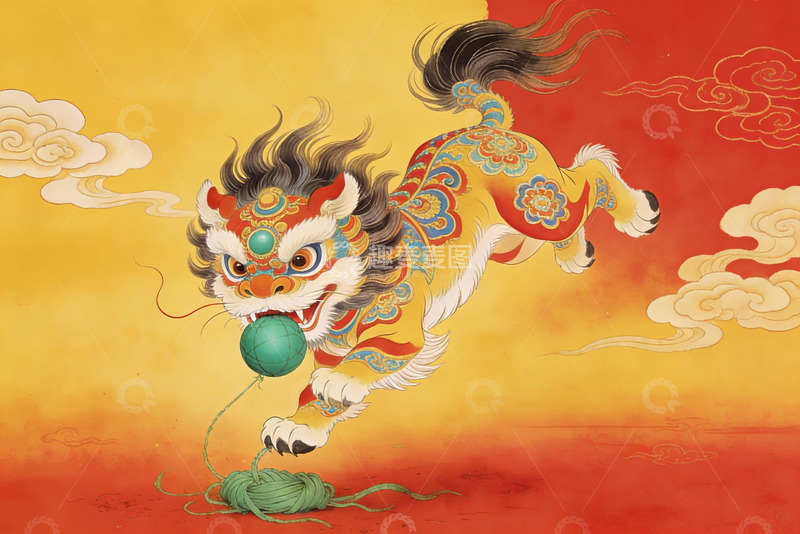 高清大图下载【趣麦麦图】中国传统瑞兽舞狮戏球图