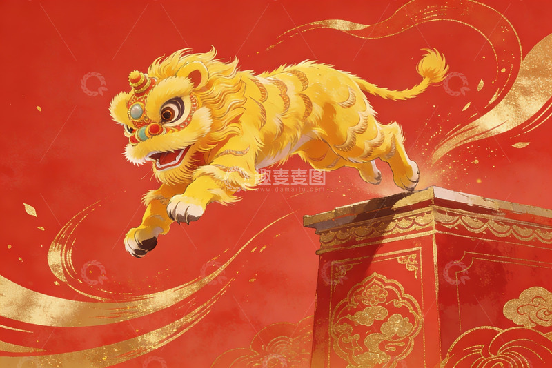 高清大图下载【趣麦麦图】金色舞狮跃上屋檐