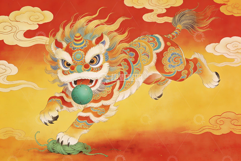高清大图下载【趣麦麦图】中国传统舞狮图案艺术画