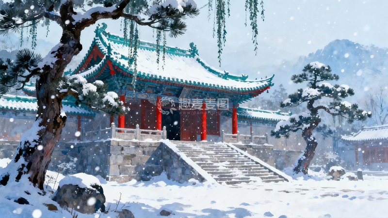 高清大图下载【趣麦麦图】雪中古建筑与松树