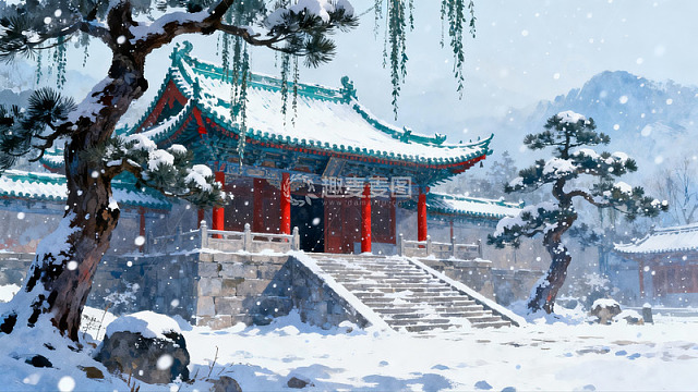 雪中古建筑与松树