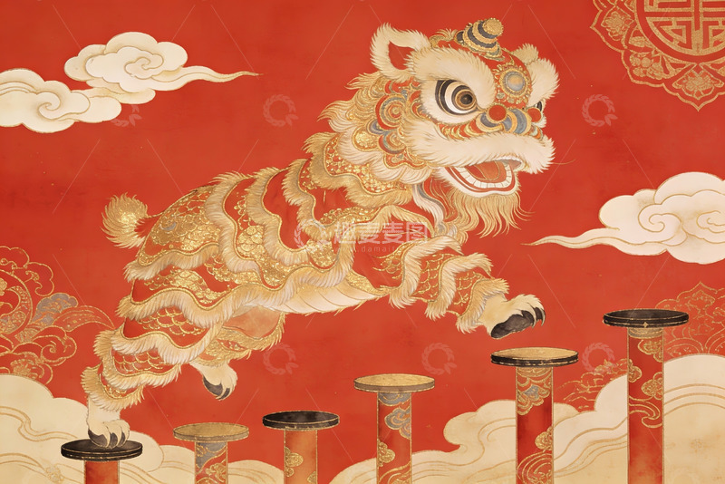 高清大图下载【趣麦麦图】红色背景下的金色舞狮图案