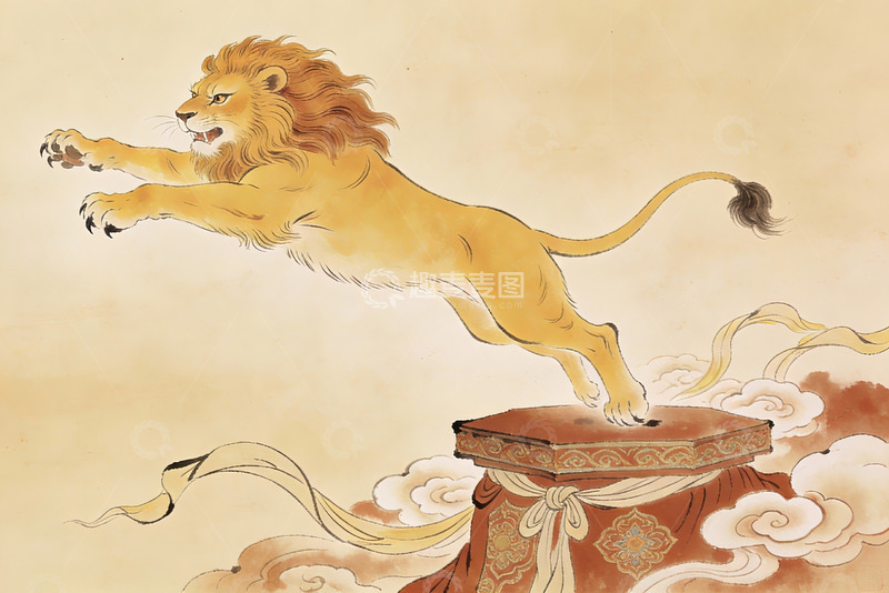 高清大图下载【趣麦麦图】古风狮子跃云图