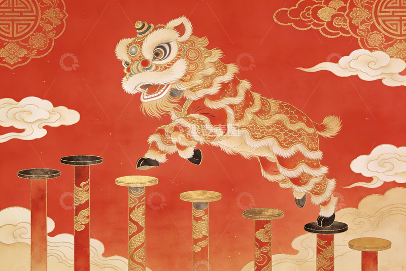 高清大图下载【趣麦麦图】舞狮跃柱迎新春