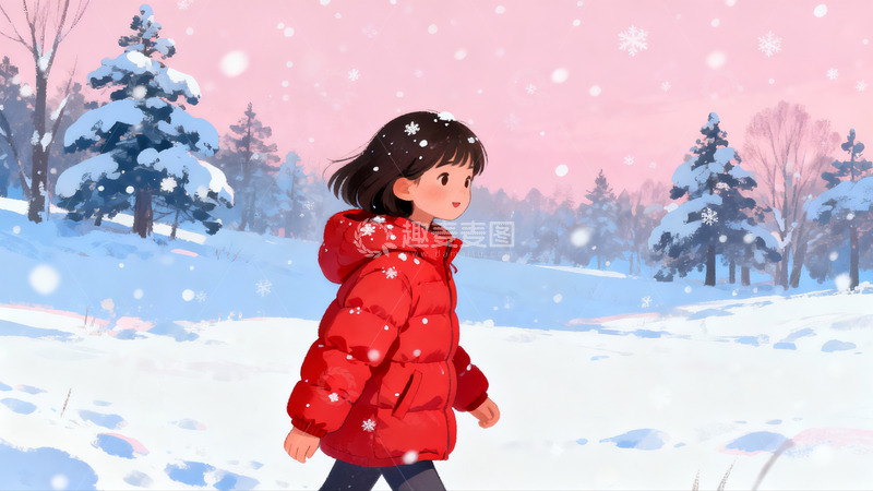 高清大图下载【趣麦麦图】红衣女孩雪中漫步冬日美景