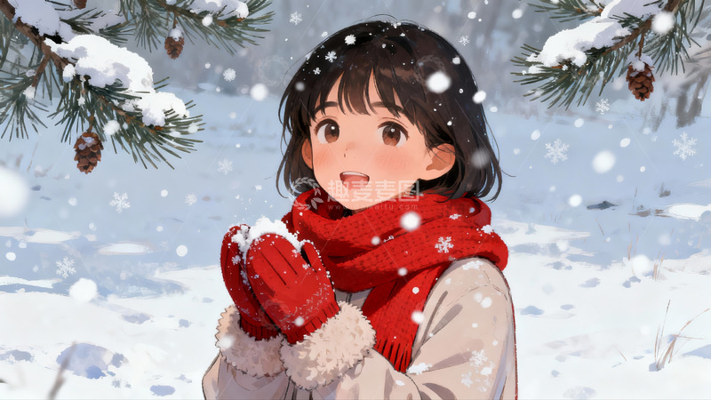 高清大图下载【趣麦麦图】雪中女孩双手捧雪欢乐场景