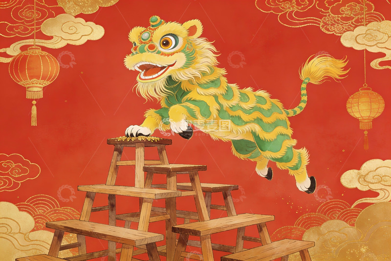 高清大图下载【趣麦麦图】舞狮跃凳喜庆红背景