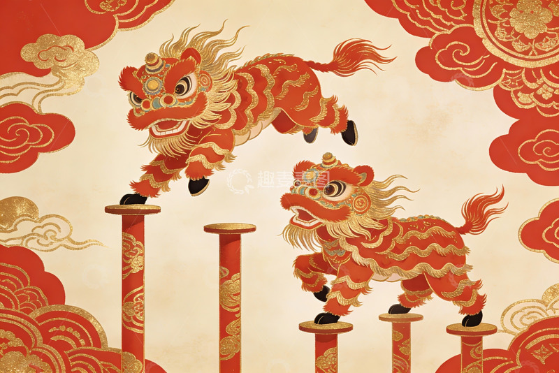 高清大图下载【趣麦麦图】中国传统舞狮艺术插画