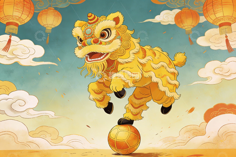 高清大图下载【趣麦麦图】舞狮踩球迎新春
