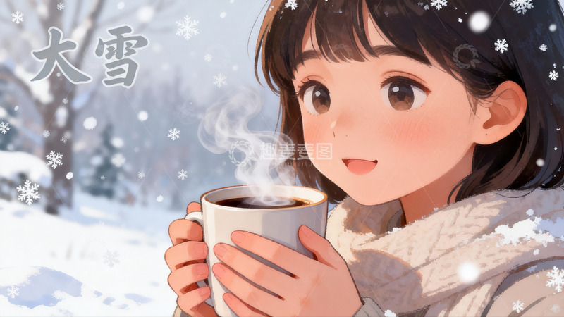 高清大图下载【趣麦麦图】雪中少女手捧热饮温馨场景