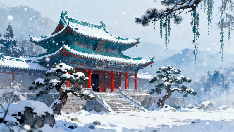 高清大图下载【趣麦麦图】雪中古建筑与松树