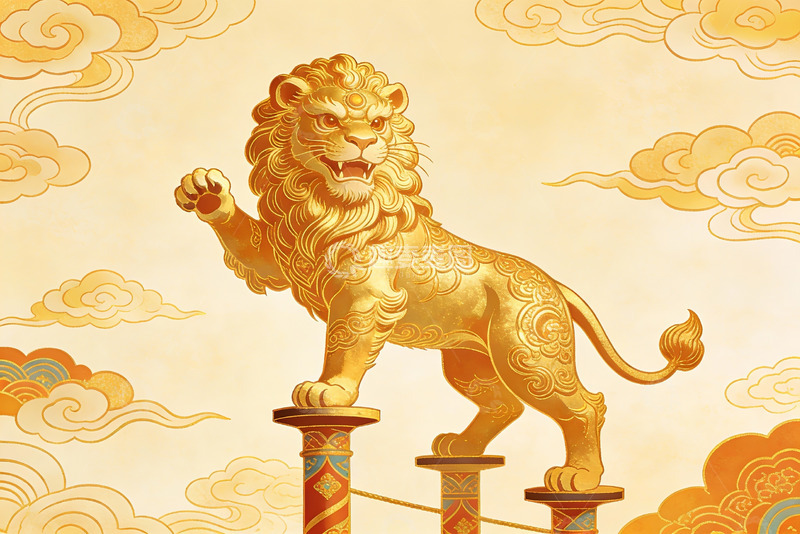 高清大图下载【趣麦麦图】金色狮子雕像立柱之上