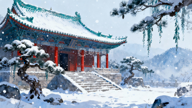 高清大图下载【趣麦麦图】雪中古建筑与松树