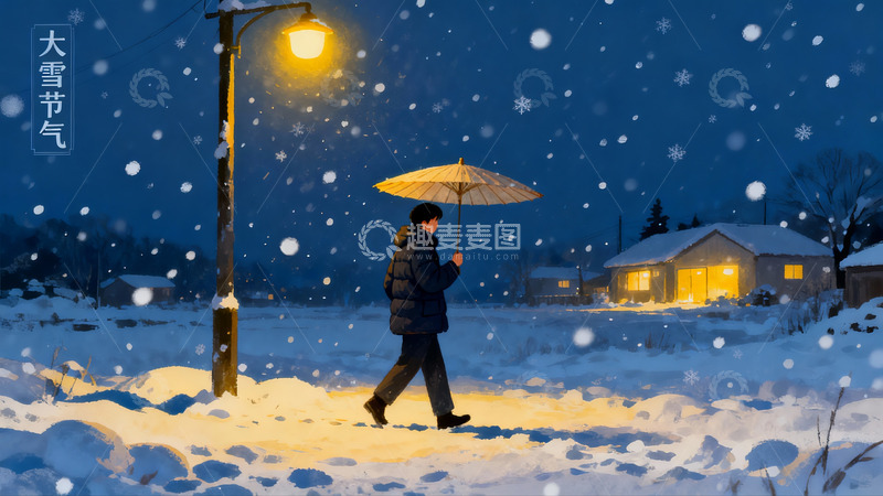 高清大图下载【趣麦麦图】雪夜行人撑伞漫步