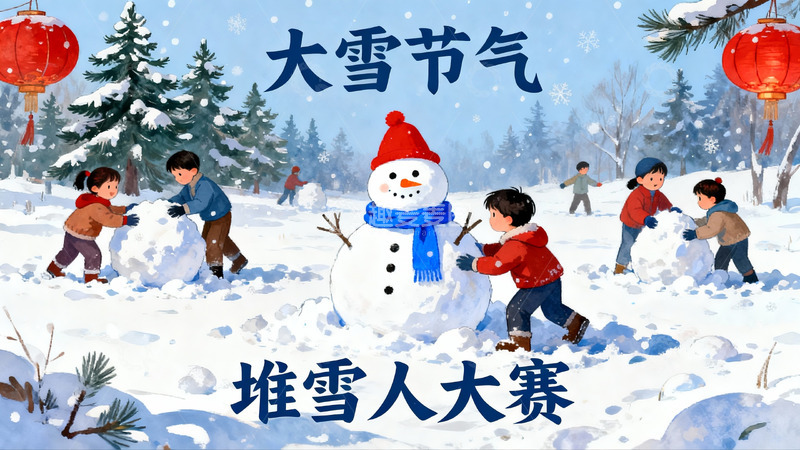 高清大图下载【趣麦麦图】雪地儿童堆雪人欢乐场景