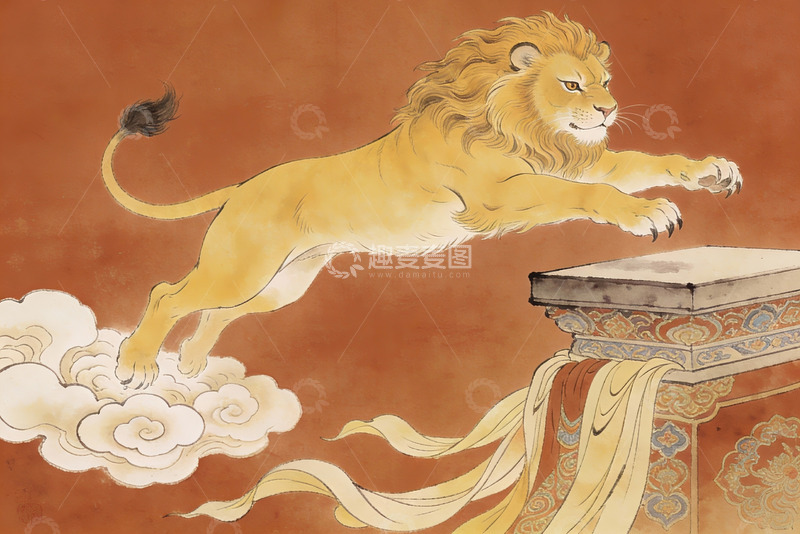 高清大图下载【趣麦麦图】古风狮子跃云踏台图